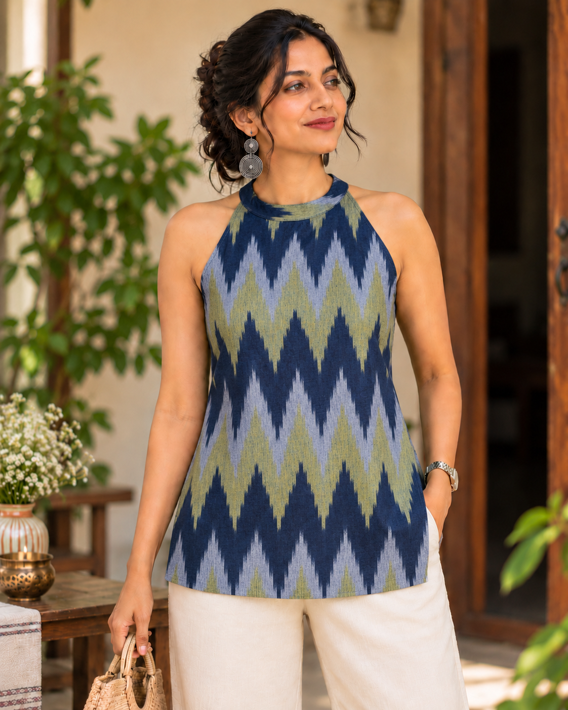 BLUE IKKAT HALTER TOP