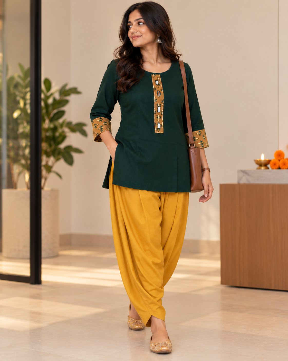 GREEN AJARAK & MIRROR SHORT KURTI