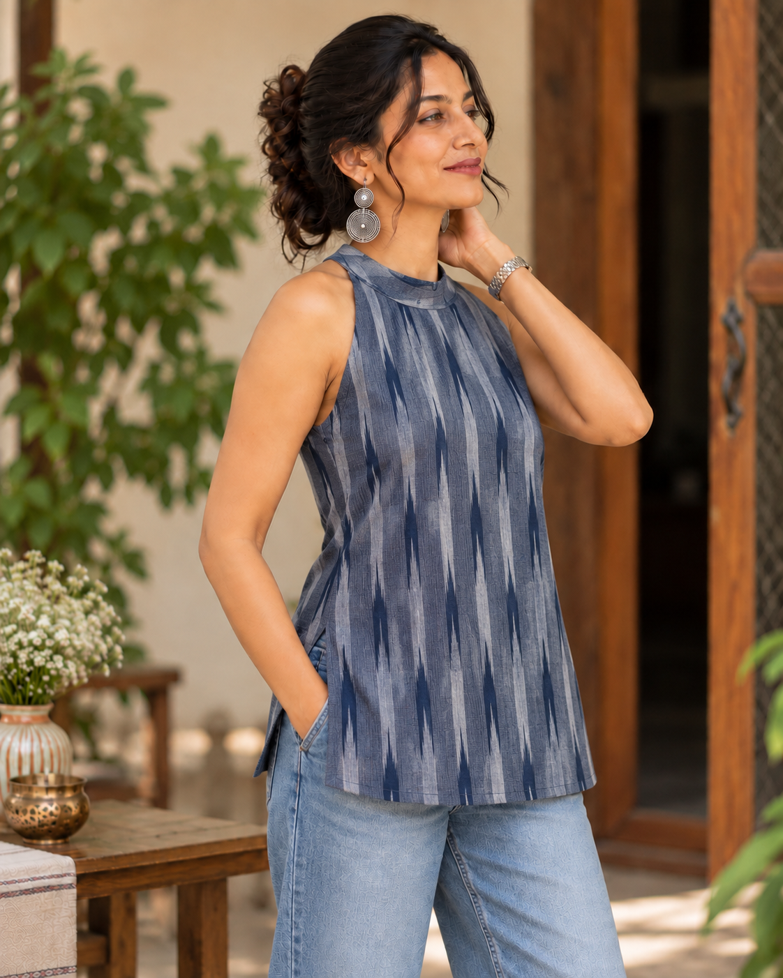INDIGO IKKAT HALTER TOP