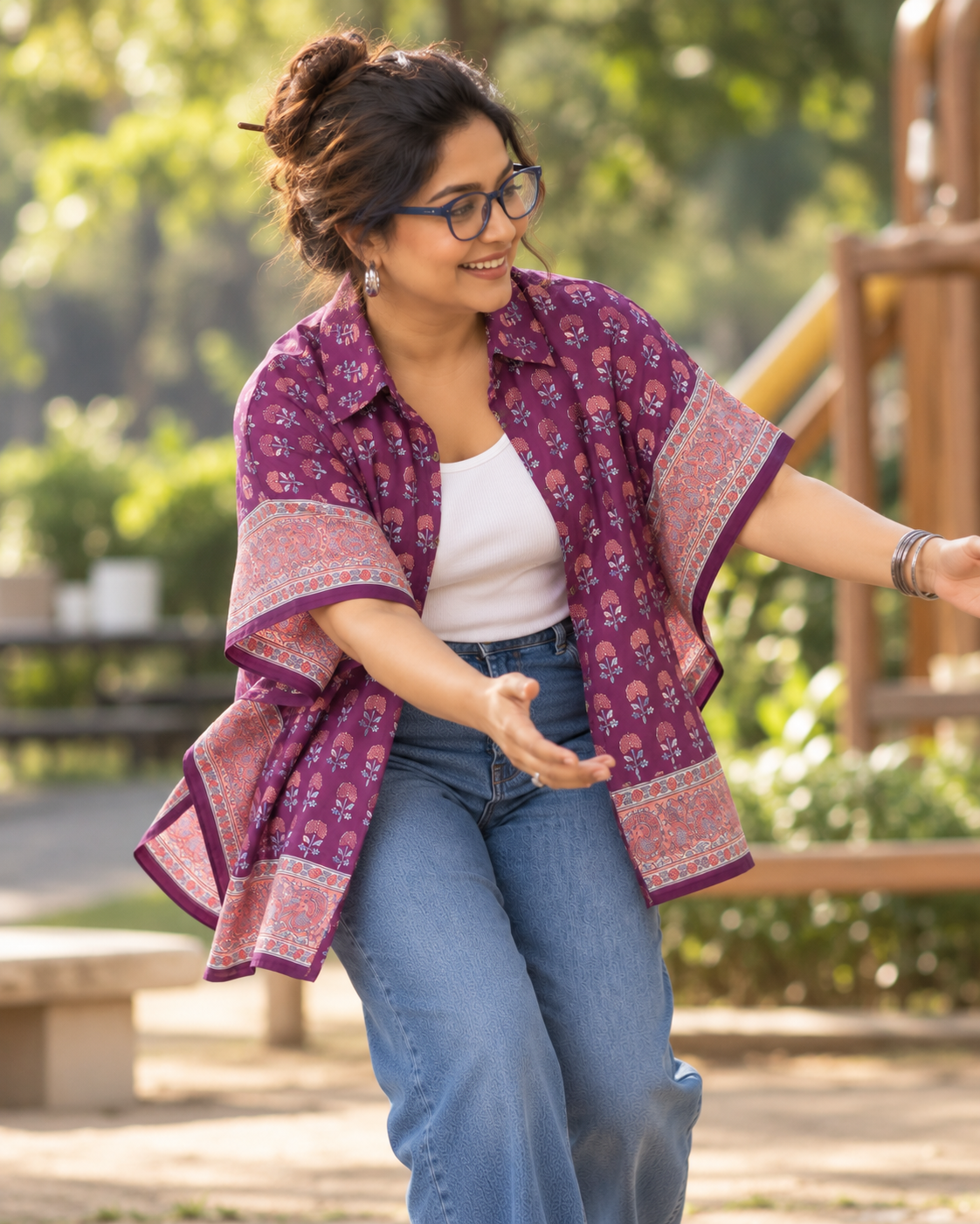 WINE BLOCK PRINT KAFTAN SHIRT