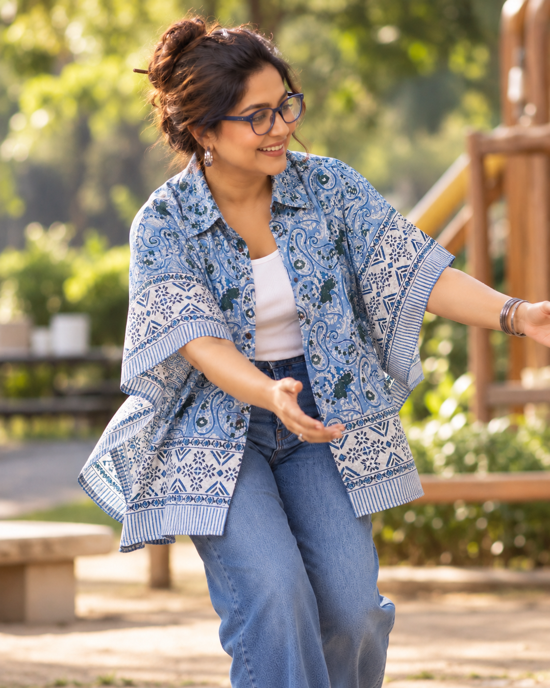 BLUE BLOCK PRINT KAFTAN SHIRT - 1