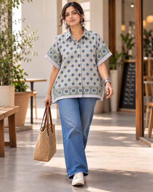 GREY BLOCK PRINT KAFTAN SHIRT
