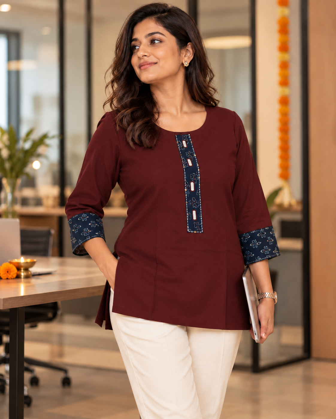 MAROON AJARAK & MIRROR SHORT KURTI