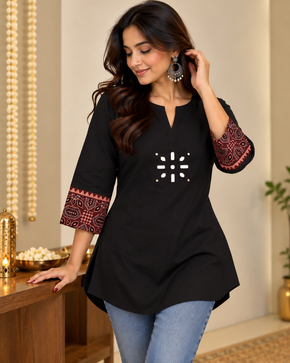 Black AJARAK & MIRROR SHORT KURTI -2