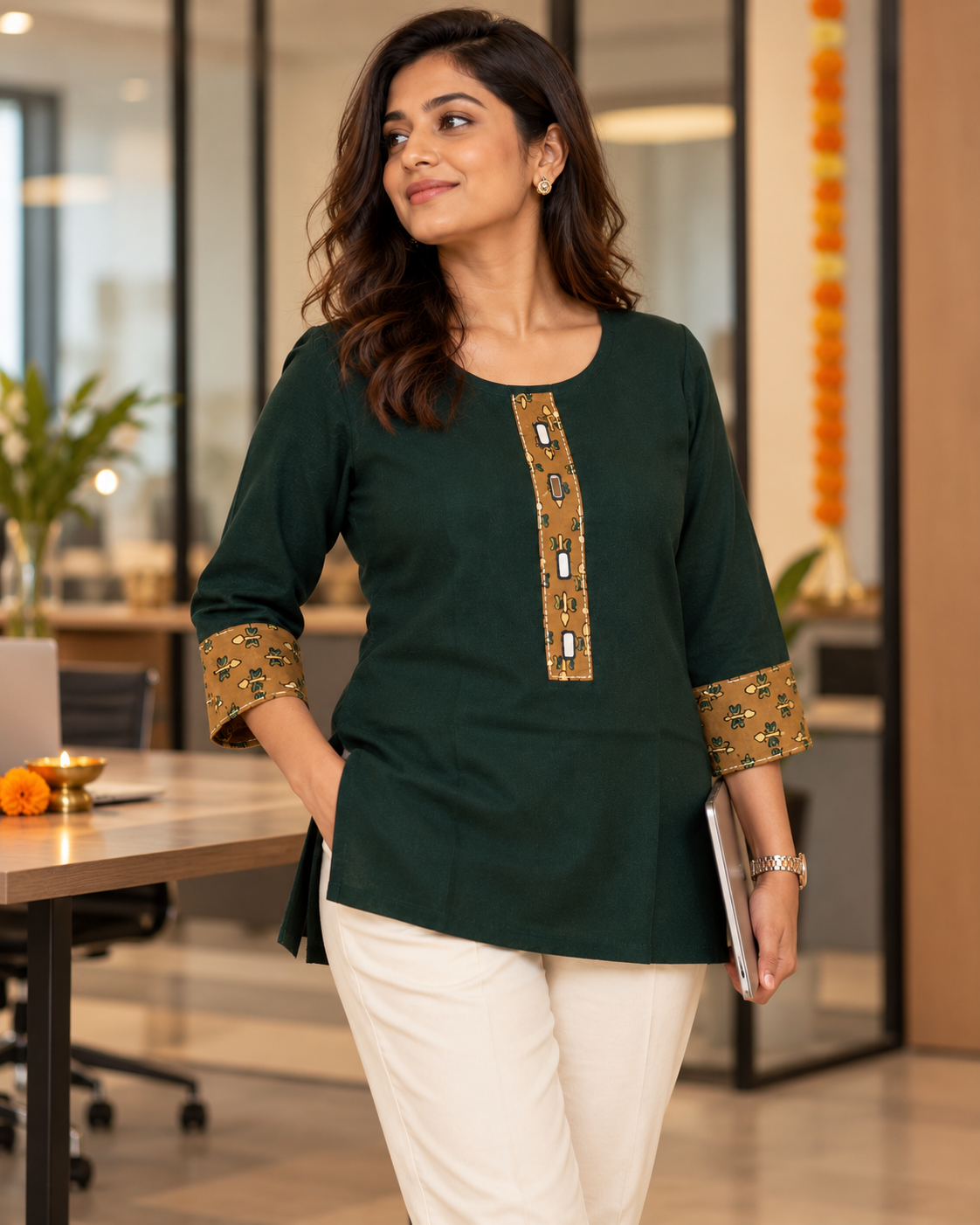 GREEN AJARAK & MIRROR SHORT KURTI
