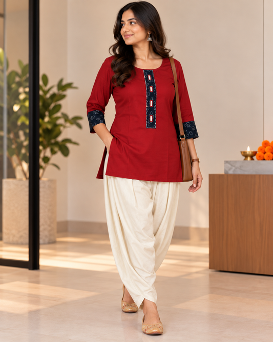 RED AJARAK & MIRROR SHORT KURTI