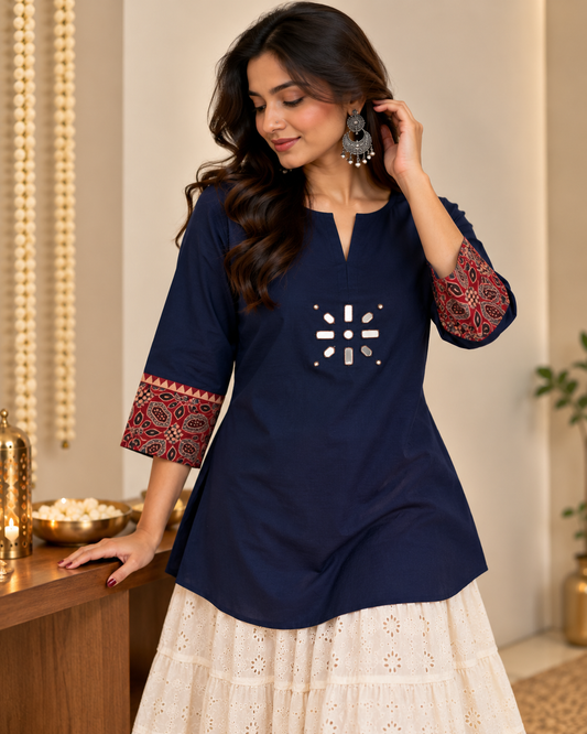 INDIGO AJARAK & MIRROR SHORT KURTI -2