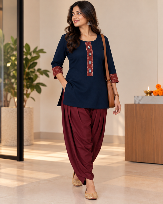 INDIGO AJARAK & MIRROR SHORT KURTI