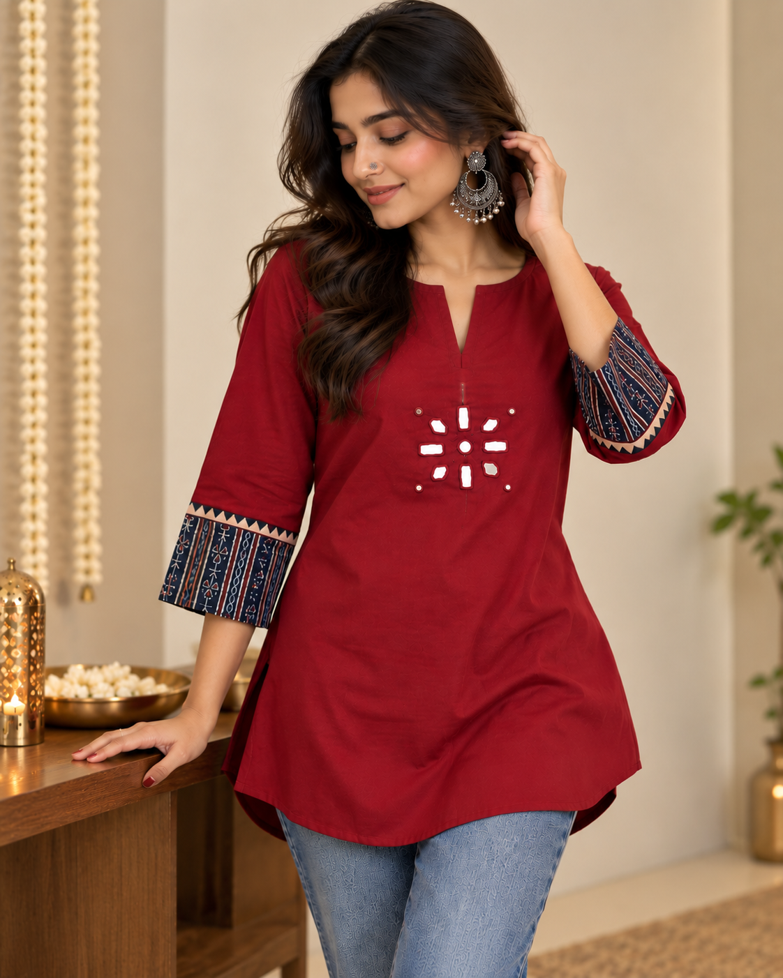 MAROON AJARAK & MIRROR SHORT KURTI -2