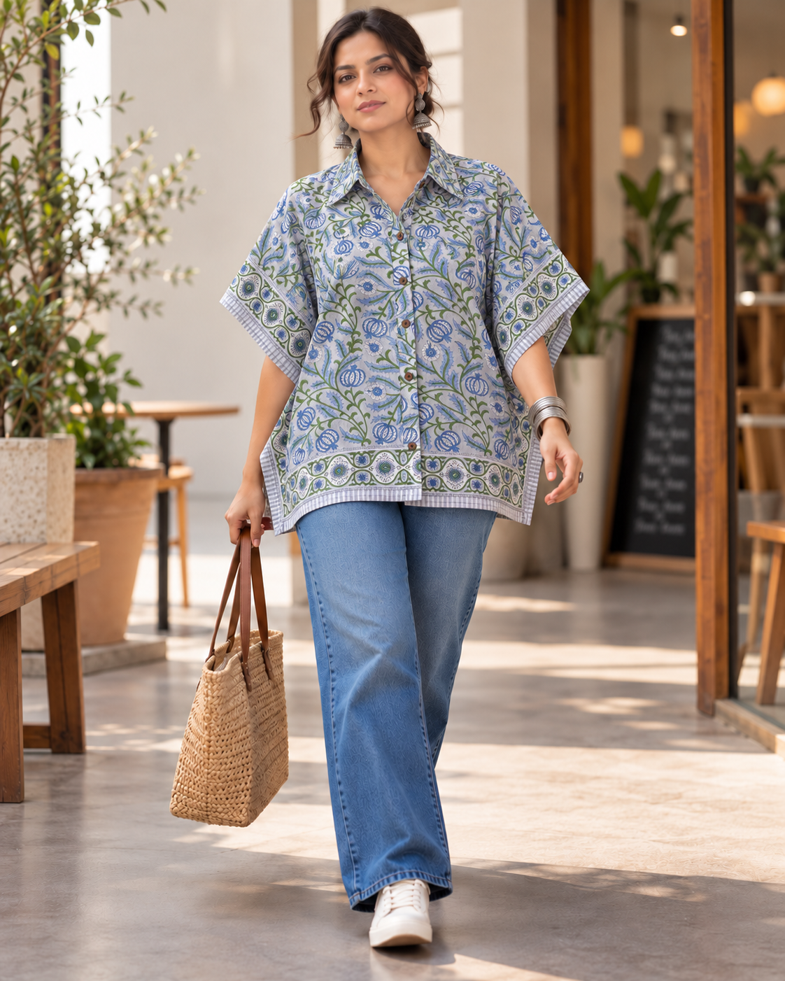 BLUE GREY BLOCK PRINT KAFTAN SHIRT