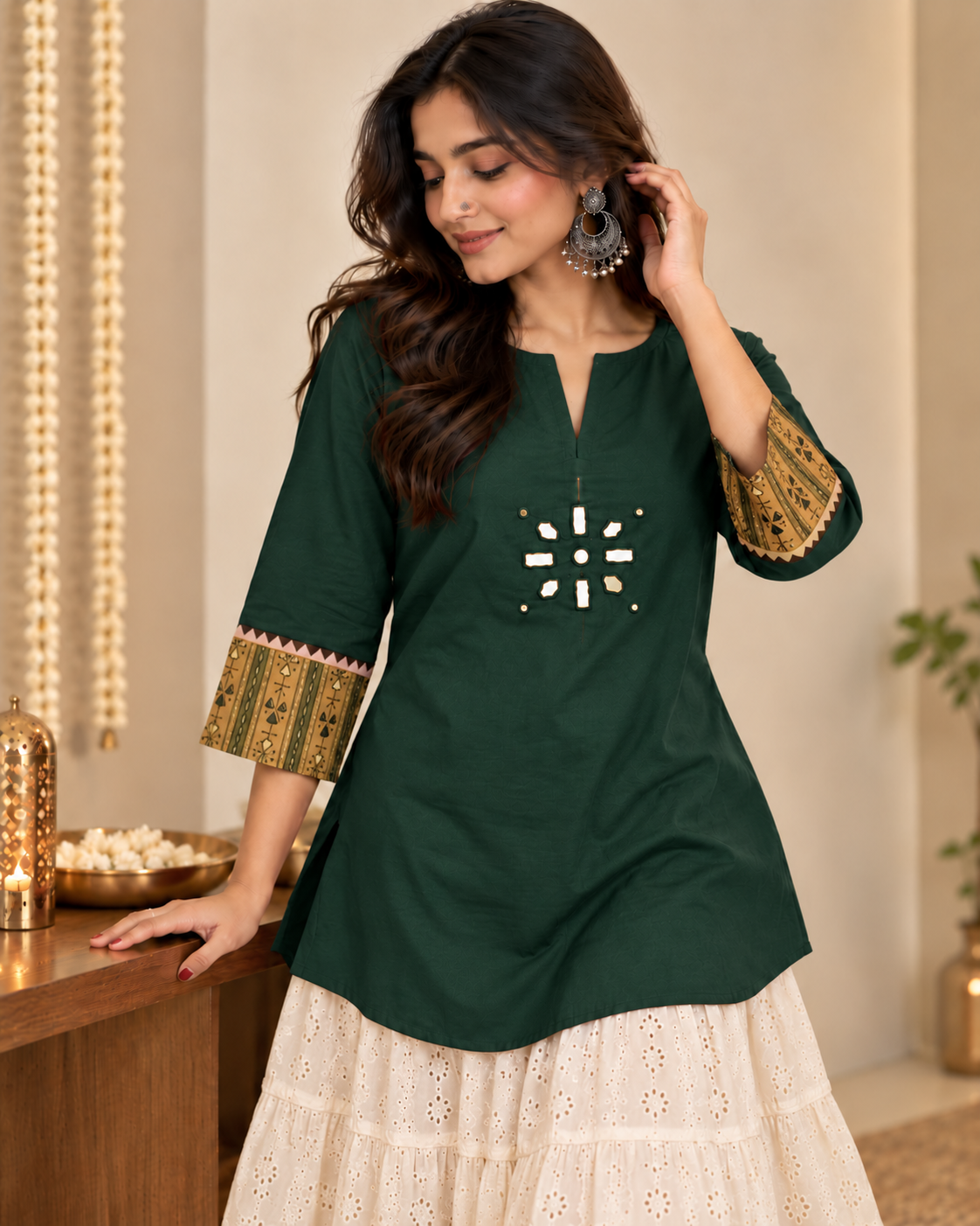 GREEN AJARAK & MIRROR SHORT KURTI -2