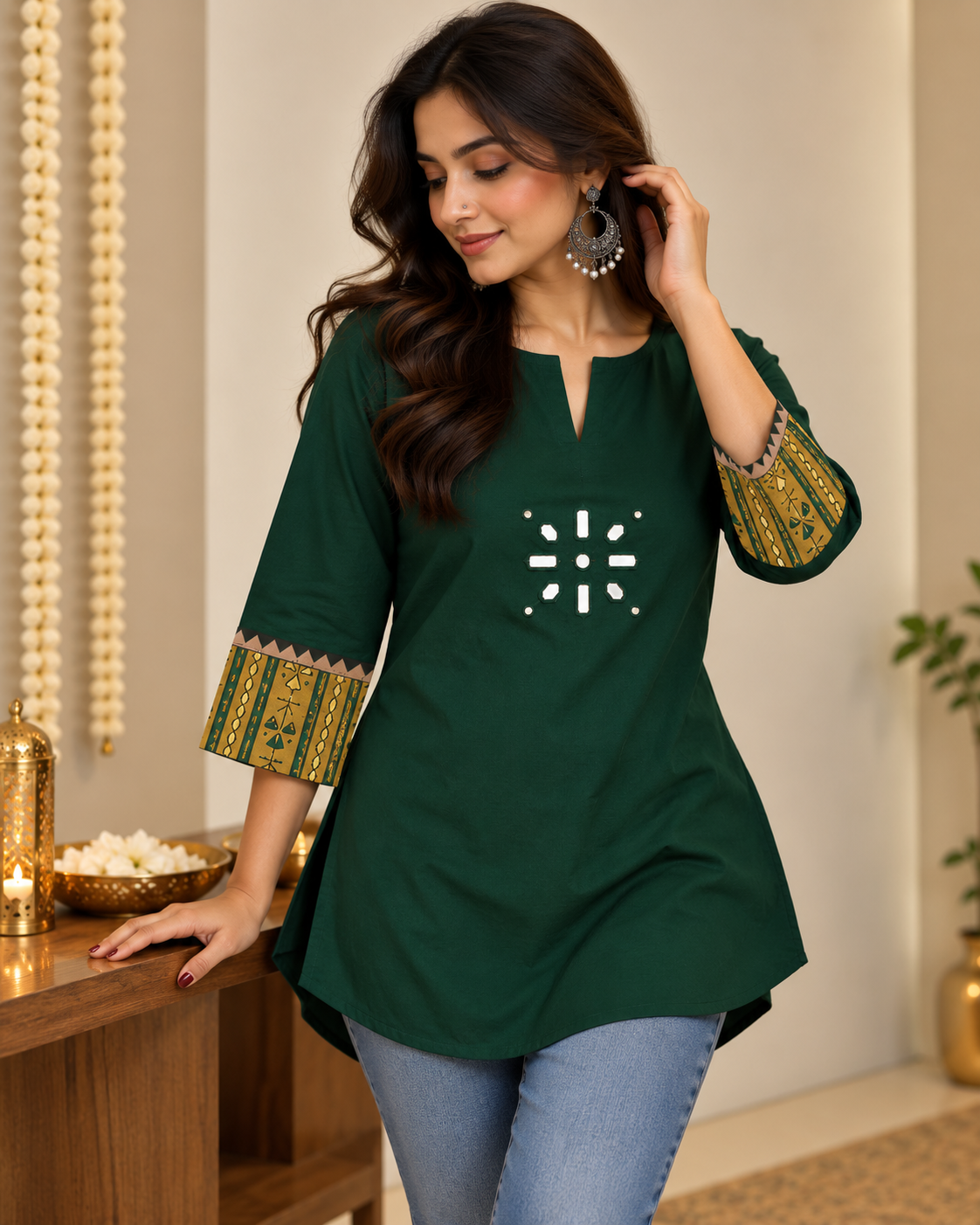 GREEN AJARAK & MIRROR SHORT KURTI -2