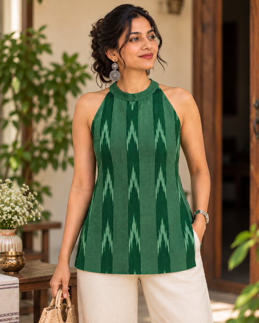 GREEN IKKAT HALTER TOP