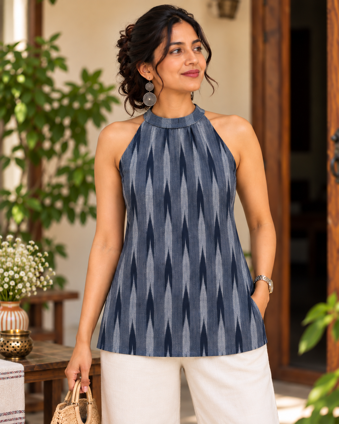 INDIGO IKKAT HALTER TOP