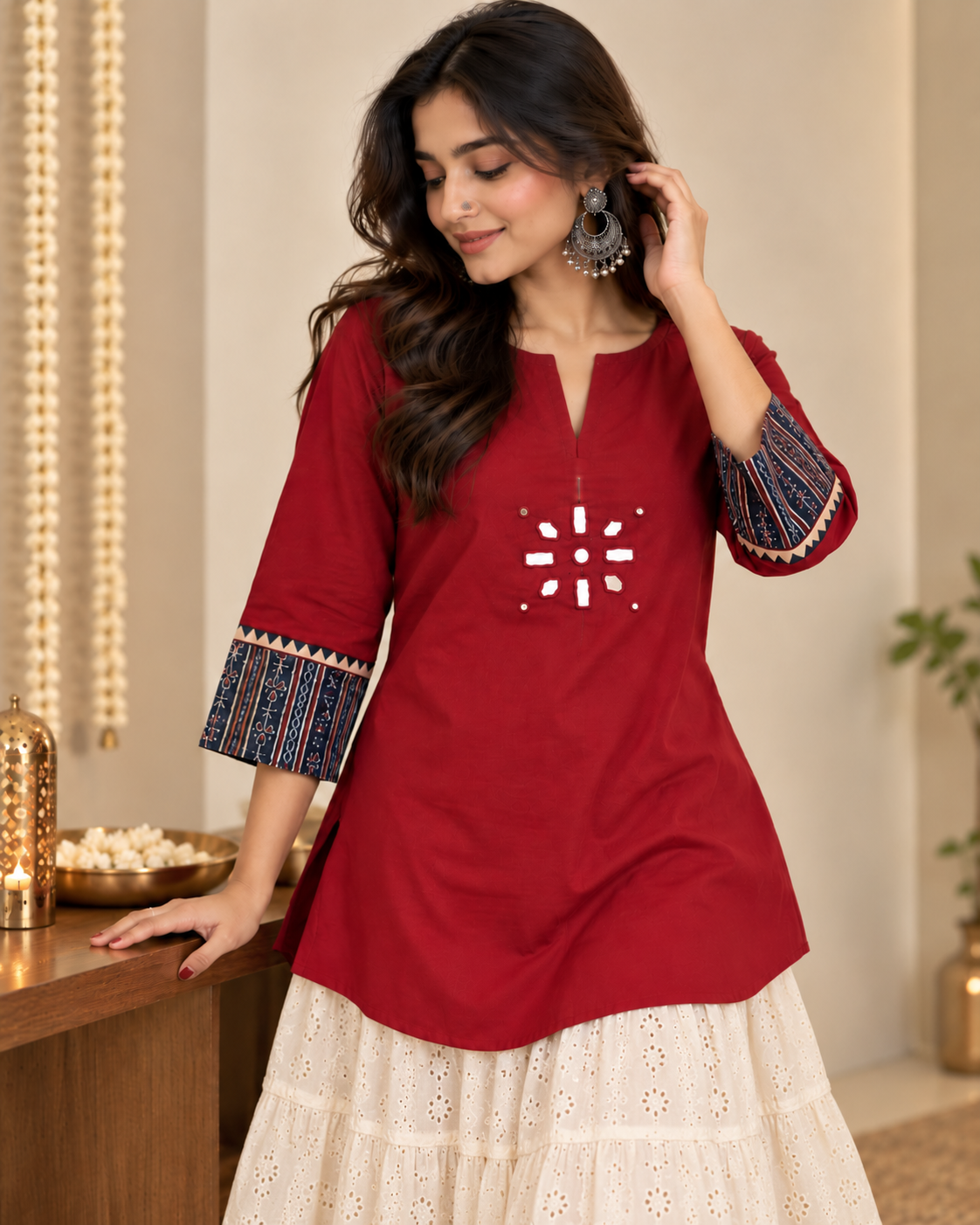 MAROON AJARAK & MIRROR SHORT KURTI -2