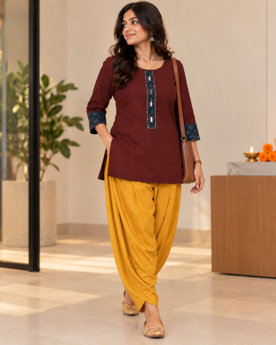 MAROON AJARAK & MIRROR SHORT KURTI