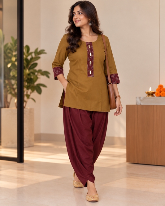 YELLOW AJARAK & MIRROR SHORT KURTI