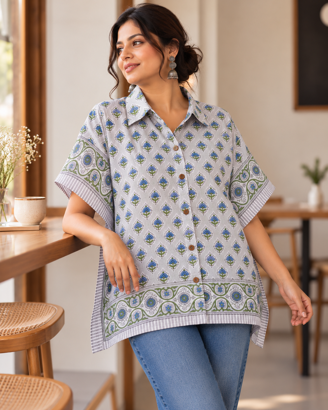 GREY BLOCK PRINT KAFTAN SHIRT