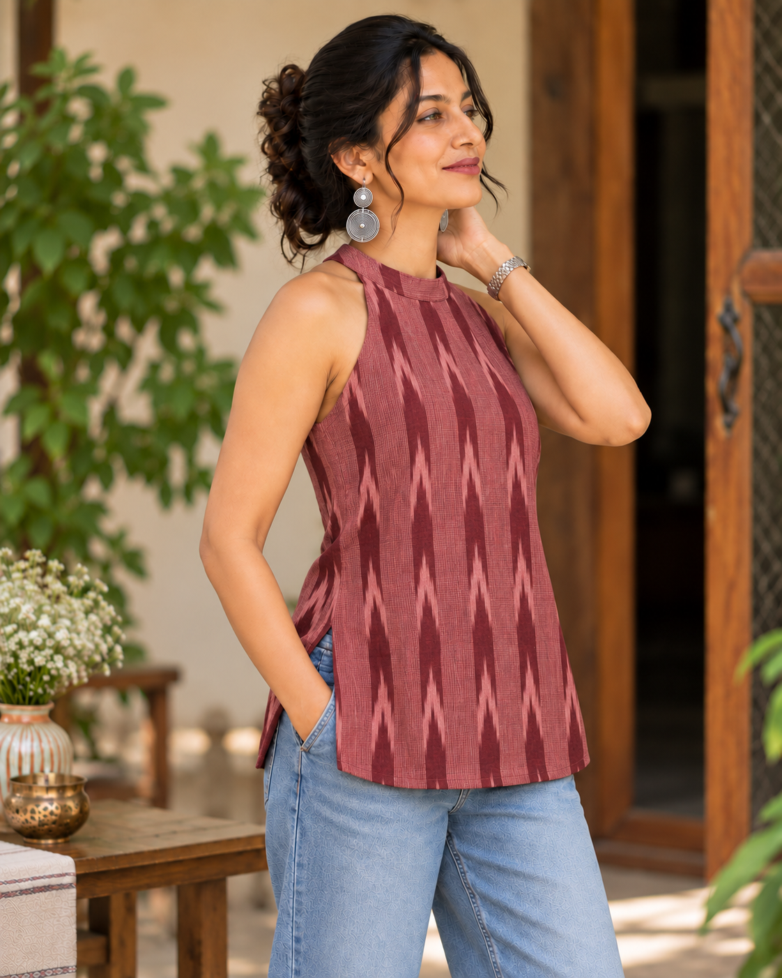 MARSALA IKKAT HALTER TOP