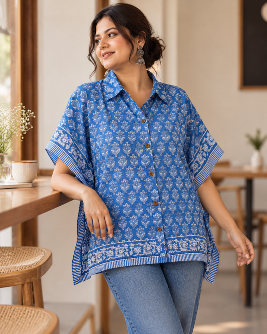 BLUE BLOCK PRINT KAFTAN SHIRT - 2